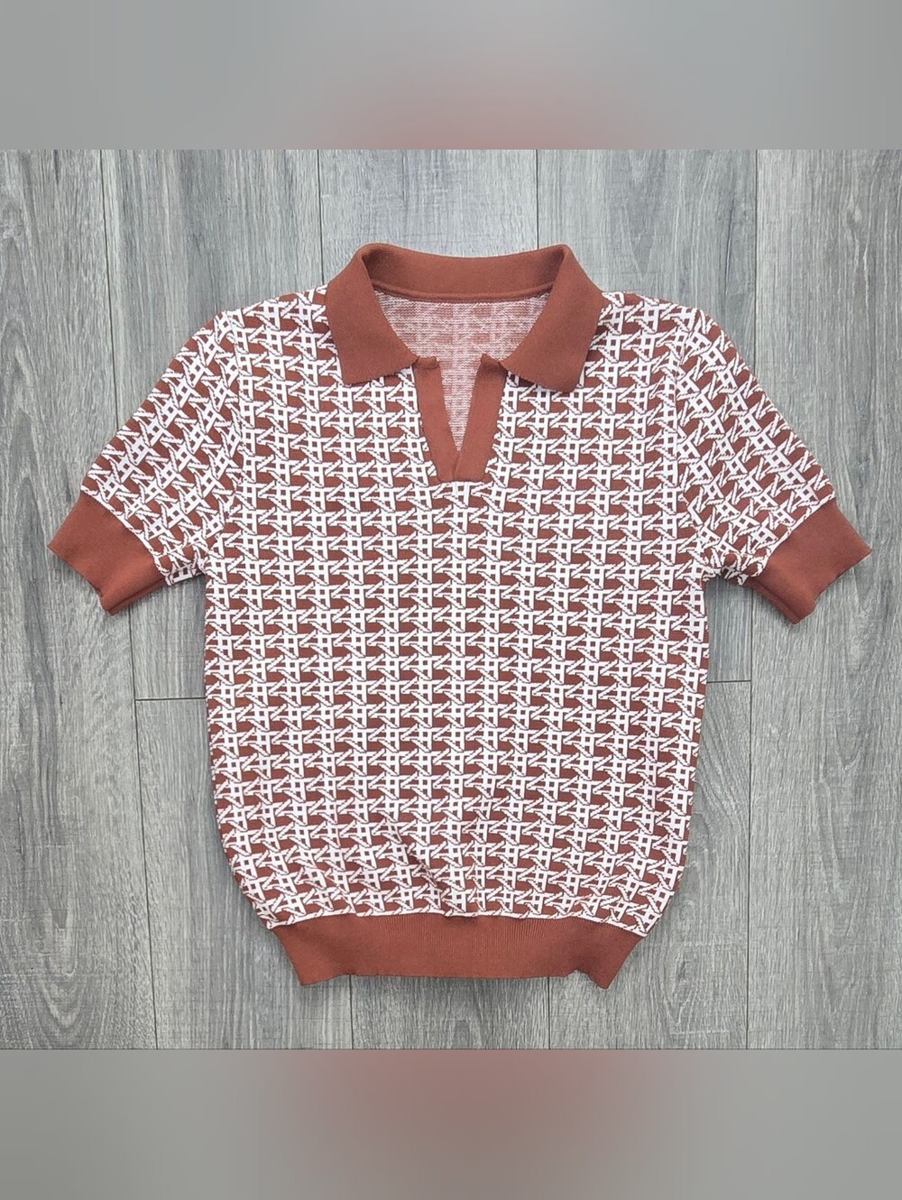 Anewsta Monogram Knit Polo Top Women’s M Brown White Johnny Collar Y2K.